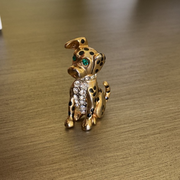 Dog Pin Gold Tone Crystal Rhinestones & Black Enamel Spots, Spotted Dog Brooch - Picture 3 of 11